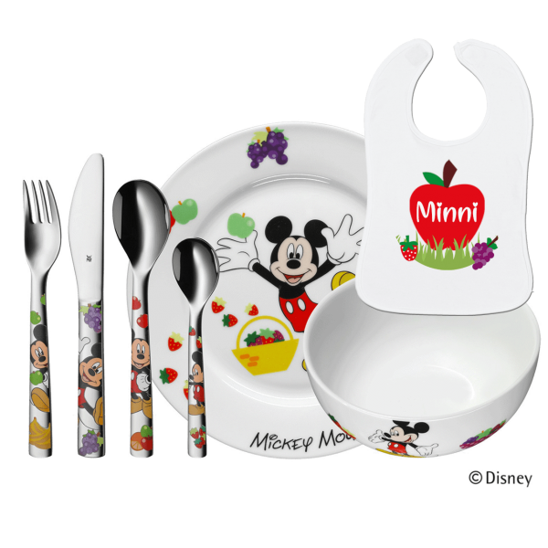 WMF Geschenkset Kinderbesteck Mickey Mouse mit Gravur (Herz Schrift) und Kindergeschirr + Baby Lätzchen mit Namen bedruckt by Schnullireich