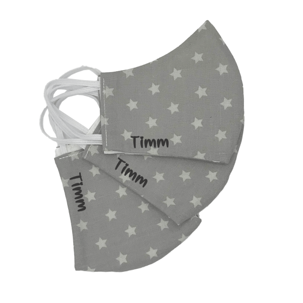 Behelfs-Schutzmasken mit Namen Teenies / Kinder Grau weiße Sterne (Junge / Mädchen) Kleine-Helden-Maske Schnullireich