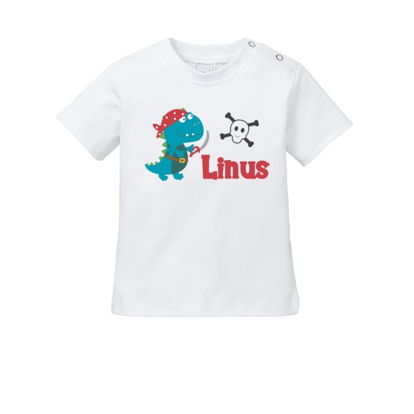 Baby Shirt mit Namen + Piraten-Dino bedrucken (T-Shirt + Langarm)