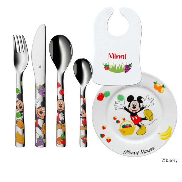 WMFGeschenkset (5-Teilig) Kinderbesteck mit Gravur Mickey Mouse (Junge / Mädchen) Herz Schrift + Baby Lätzchen mit Namen beruckt by Schnullireich